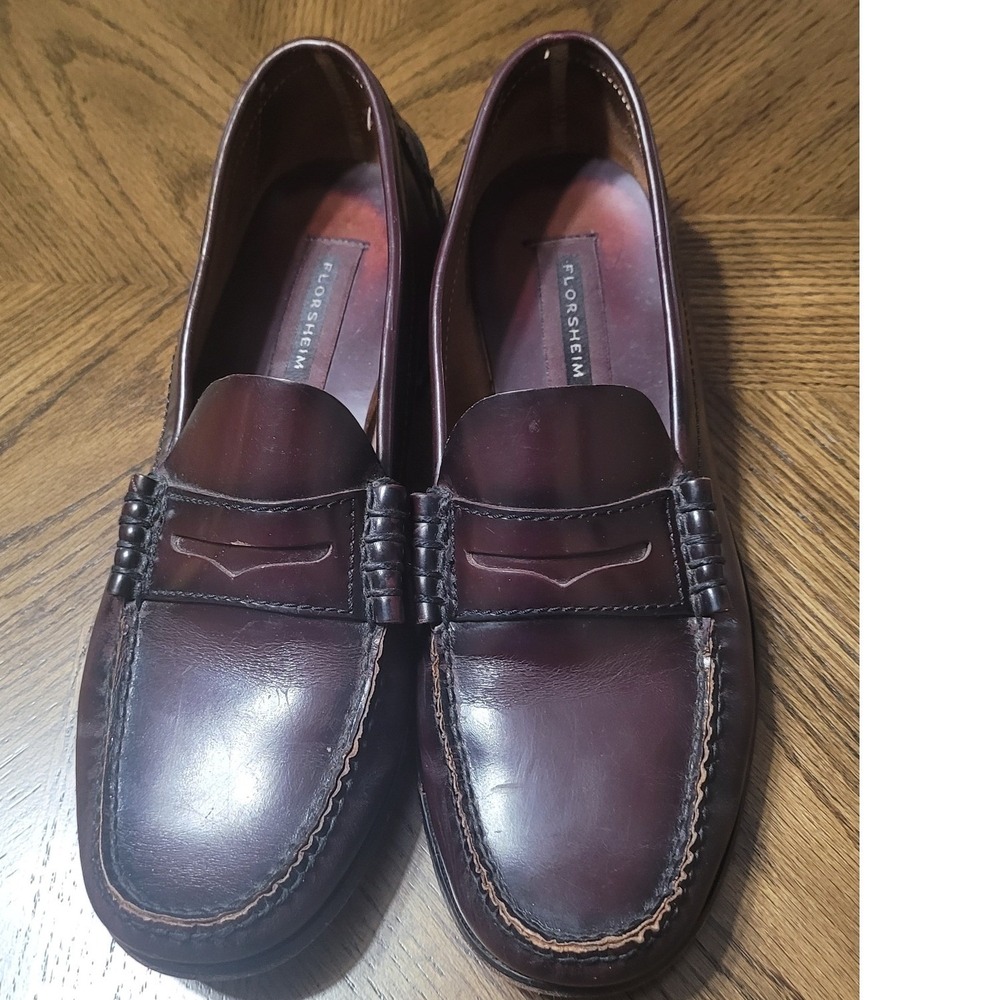 Florsheim Mens Burgundy Leather Penny Loafers Moc Toe Dress Shoes 17058-05 9.5 D